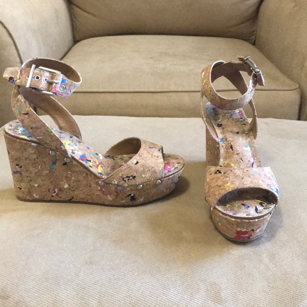 Cork Wedge Sandals with “Paint Spattered” Design